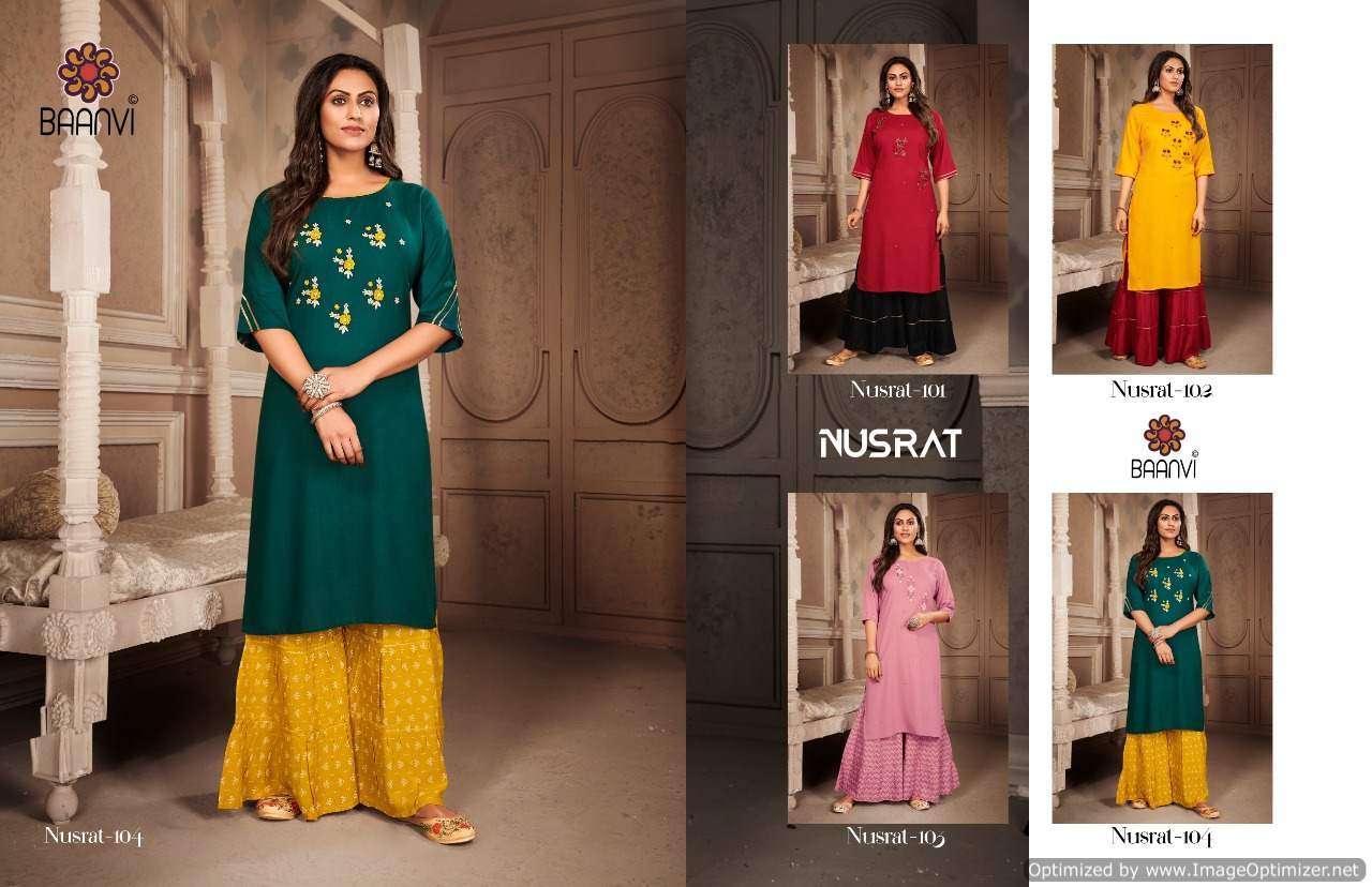 Baanvi Nusrat 1 Fancy Ethnic Wear Rayon Slub Hand Work Kurti With Bottom Collection